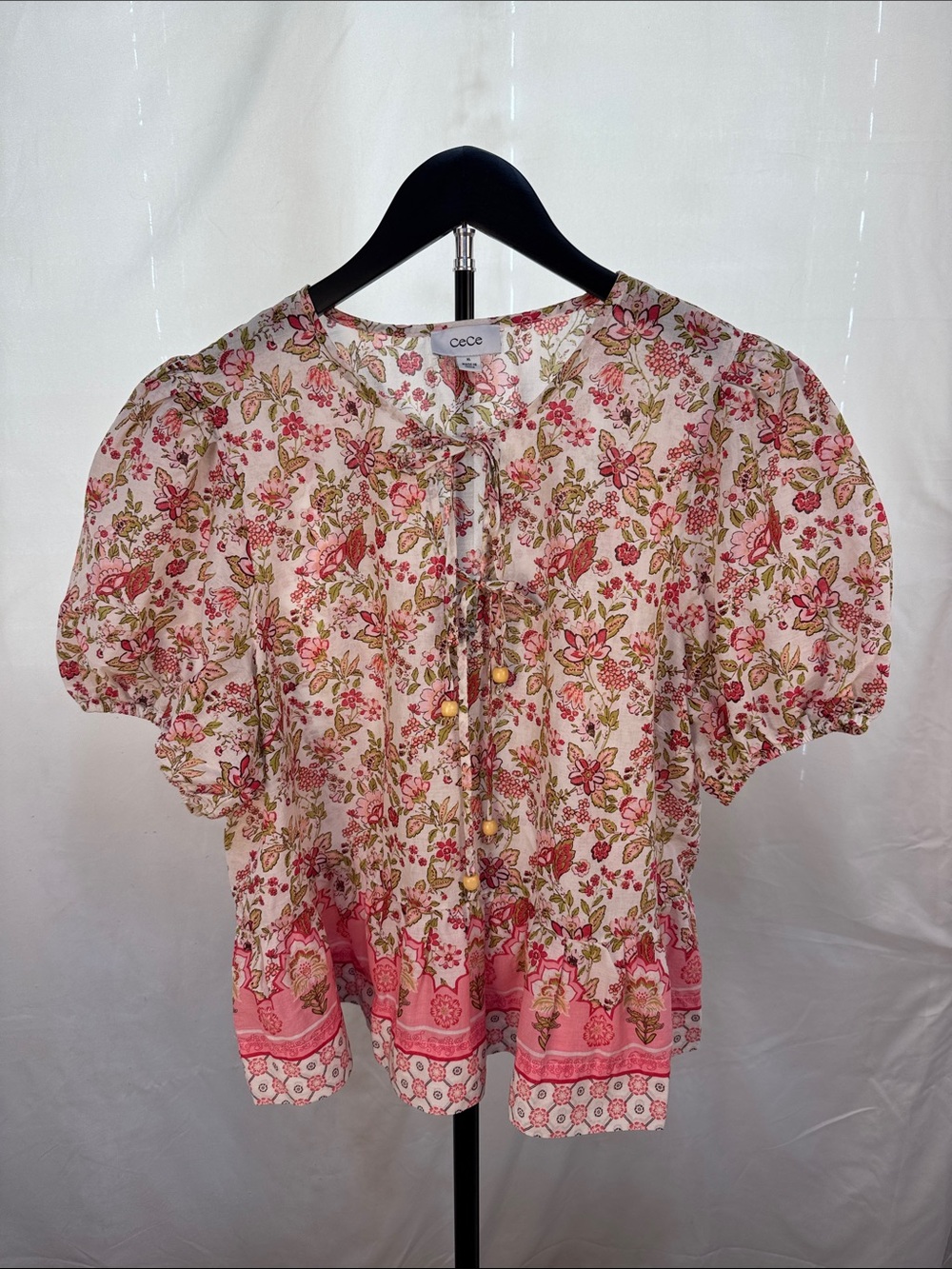 CeCe Pink Floral Tie-Neck Puff Sleeve Blouse